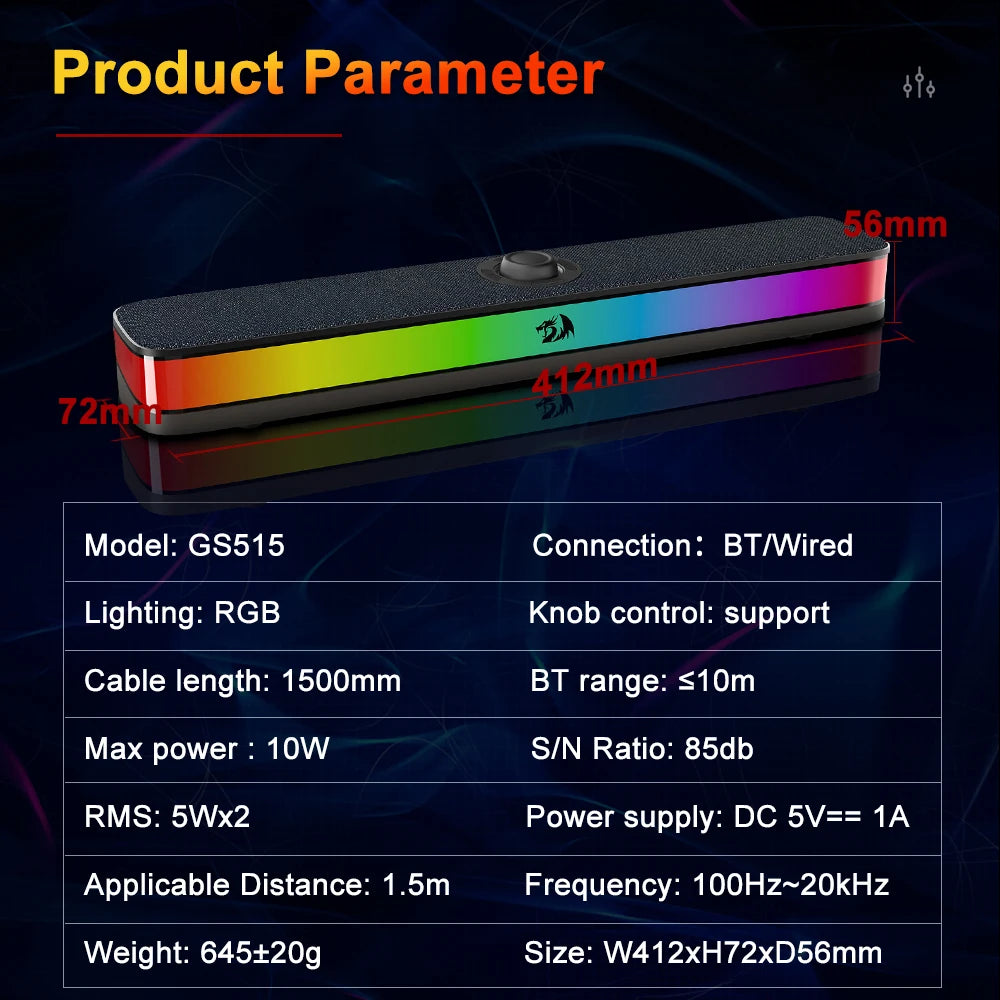 REDRAGON NEO GS515 USB RGB Desktop Soundbar 2.0 Channel Stereo Computer Speakers Support Bluetooth Wireless for PC loudspeakers