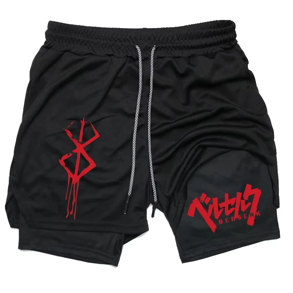 ‌Anime Berserk 2 in 1 Compression Shorts for Men - Running, Training, Yoga Gym Workout Sportswear with Pockets