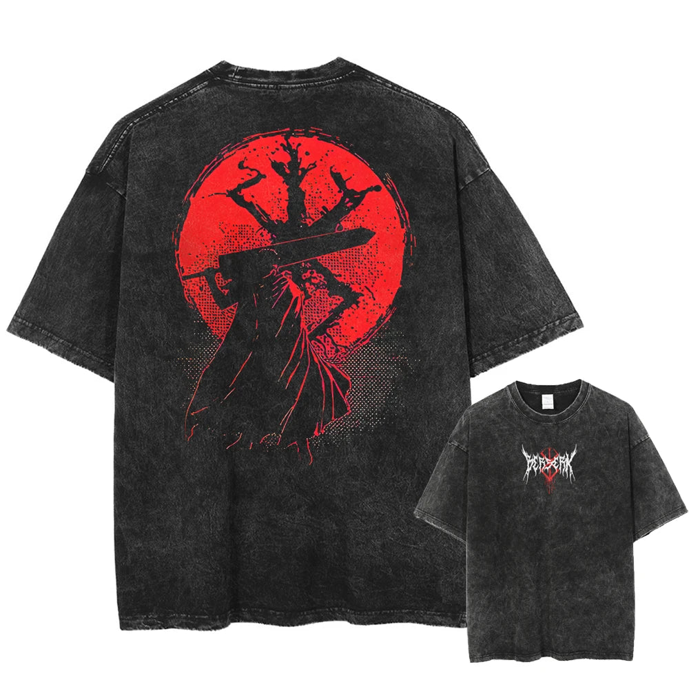 Berserk Vintage Anime T-shirt Guts Printed T Shirt Men Women High Quality Washed Cotton Tshirts Harajuku Male Oversized Tee