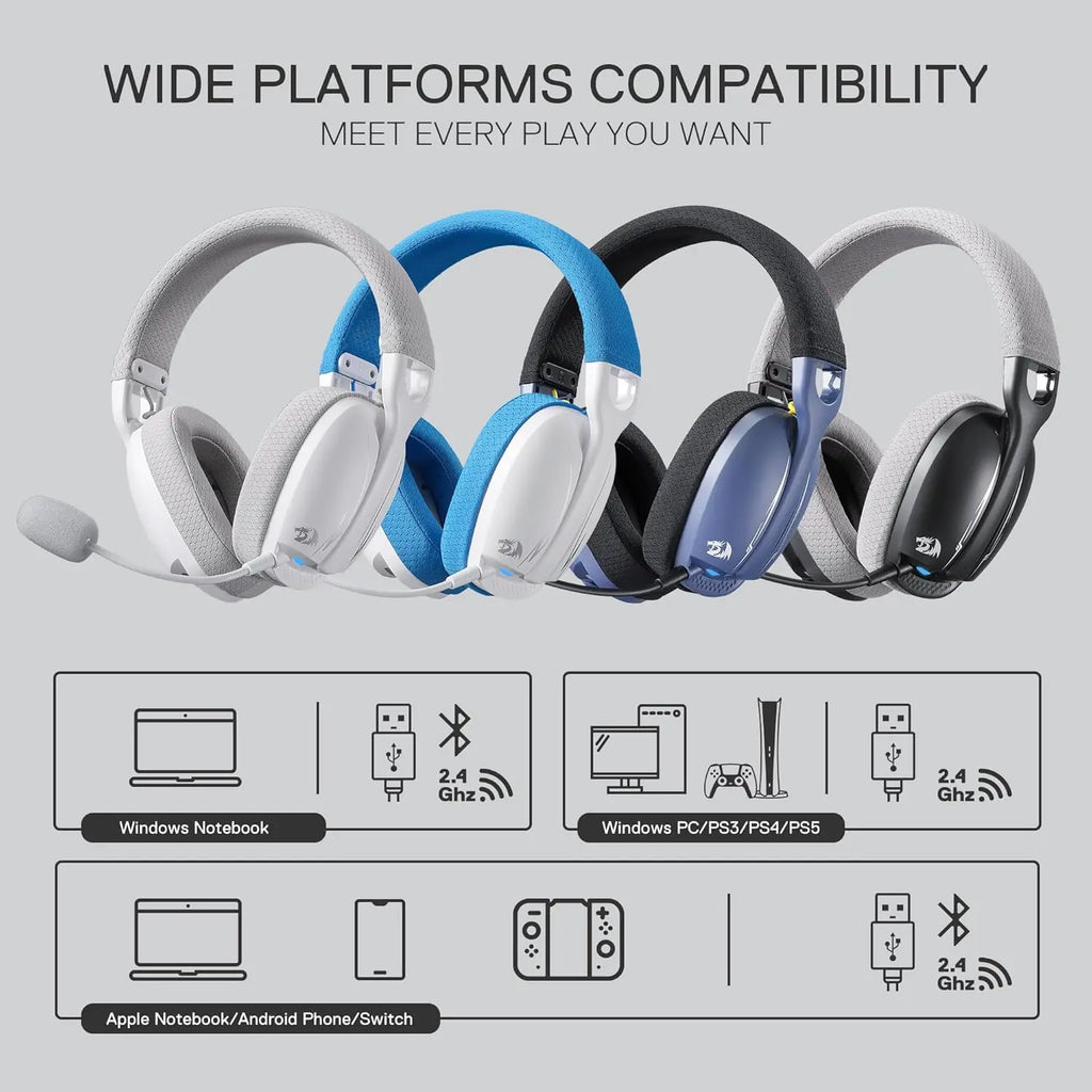 Redragon H878 Wireless Gaming Headset 2.4GHz Bluetooth Wired Headphones with Microphone for PC PS5