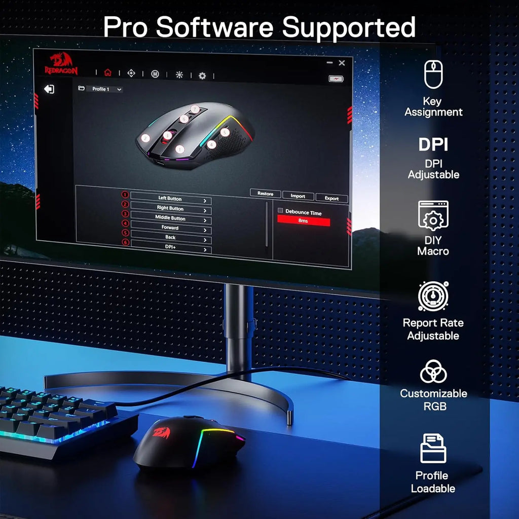 Redragon M693 LIT Wireless Gaming Mouse, 12800 DPI Mice w/ 3-Mode Connection, BT & 2.4G Wireless, 7 Macro Buttons