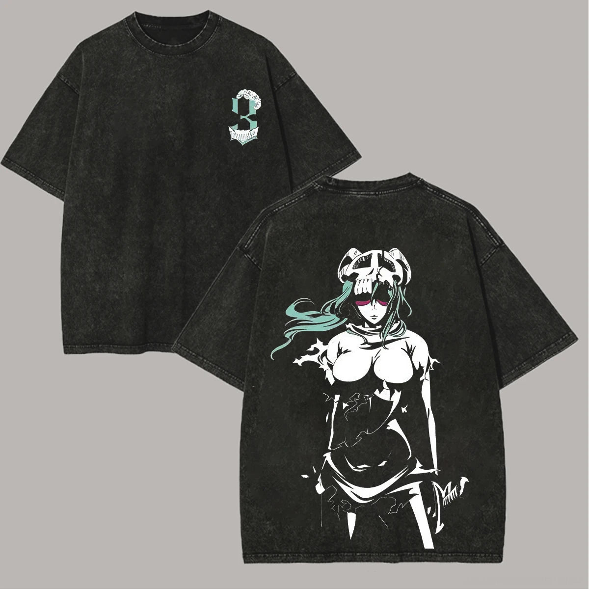 Bleach Nelliel Tu Odelschwanck Number 3 Double Sided Manga Graphic Vintage Washed Black Anime T-Shirt Oversized Y2K Cotton Tee