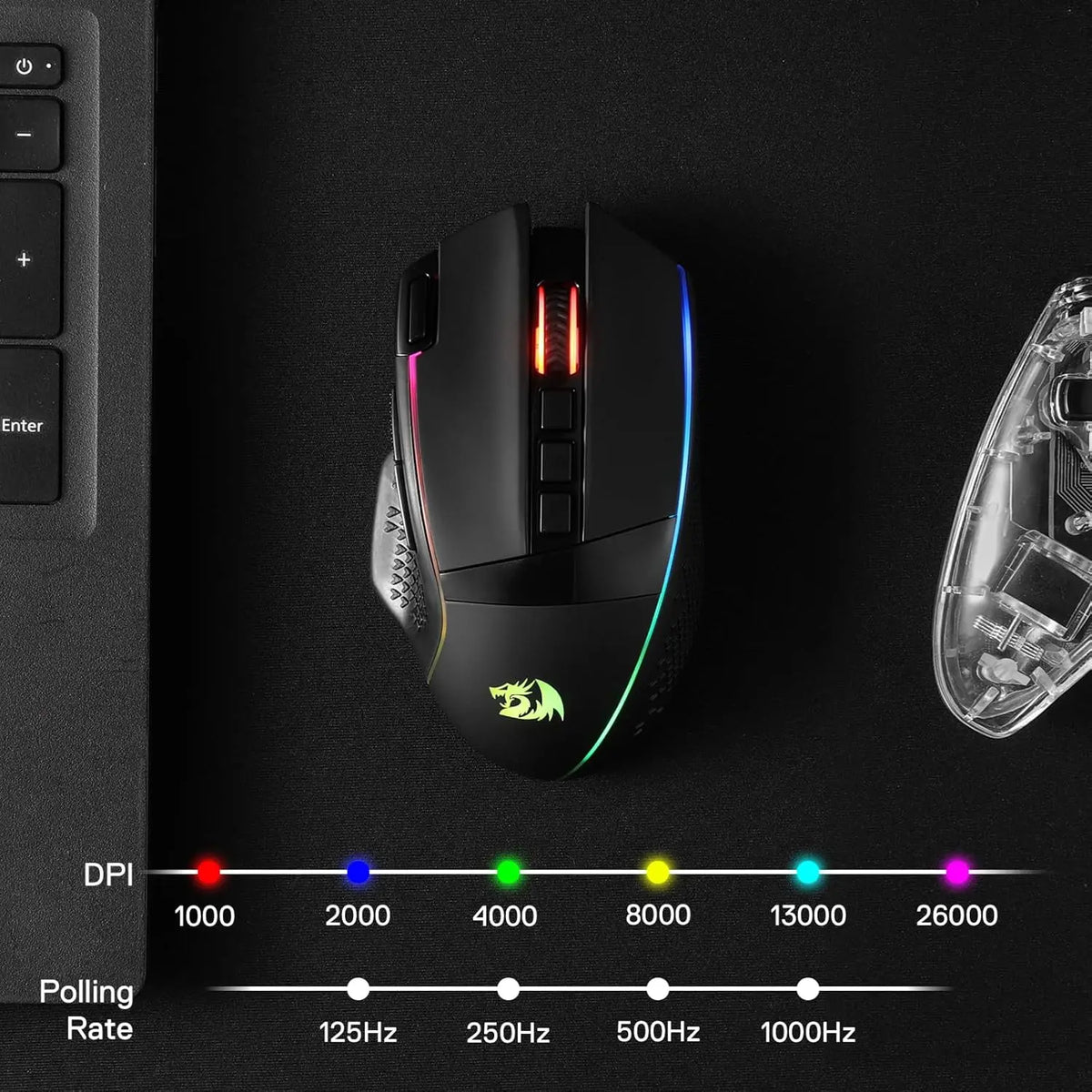 Redragon M991 Wireless Gaming Mouse 26000 DPI 3-Mode Gamer 9 Macro Buttons RGB Backlight Mice, Black