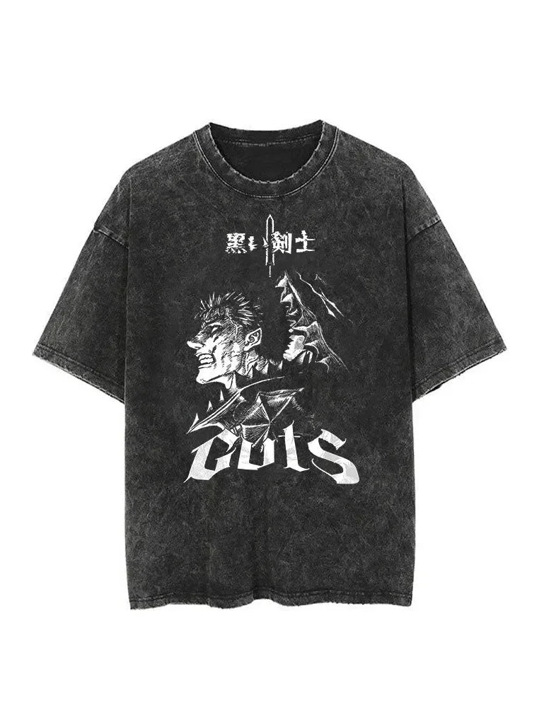 Berserk Animation Derivatives Guts Printing Retro Washed Short-sleeved T-shirt Men's and Women's 2025 Summer Fashion Clothing