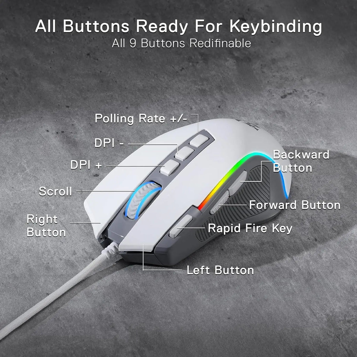 Redragon M612 RGB Gaming 8000 DPI Wired Optical Gamer Mouse 9 Programmable Buttons & 5 Backlit Modes