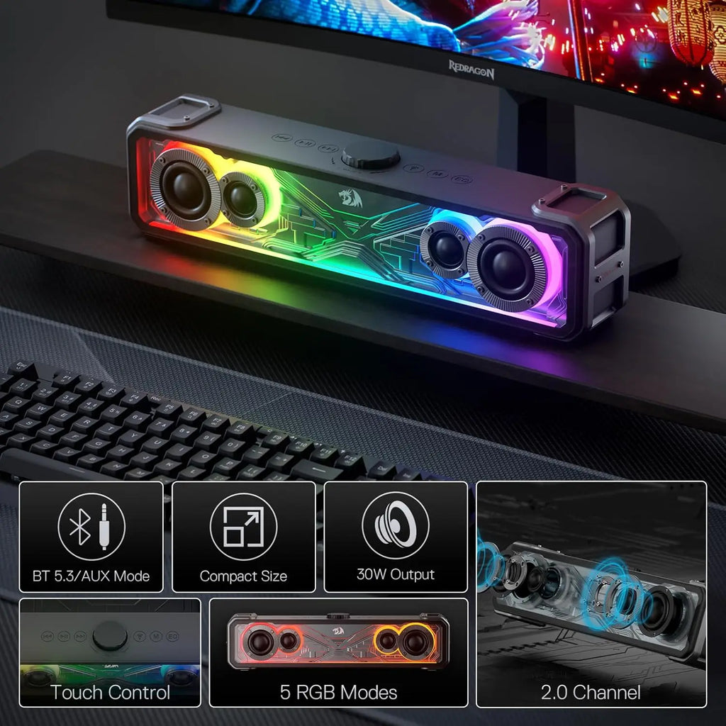Redragon GS817 RGB 2.0 Channel Stereo Speakers Touch-Control Bluetooth 5.3 & 3.5mm AUX Inputs Desktop Soundbar, Black