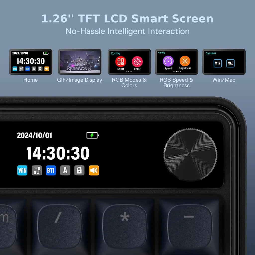 Redragon K761 Wireless Gasket Gaming Hype Screen & Knob, 104 Keys Mechanical Easy-Control 1.26’ TFT Info Display Keyboard