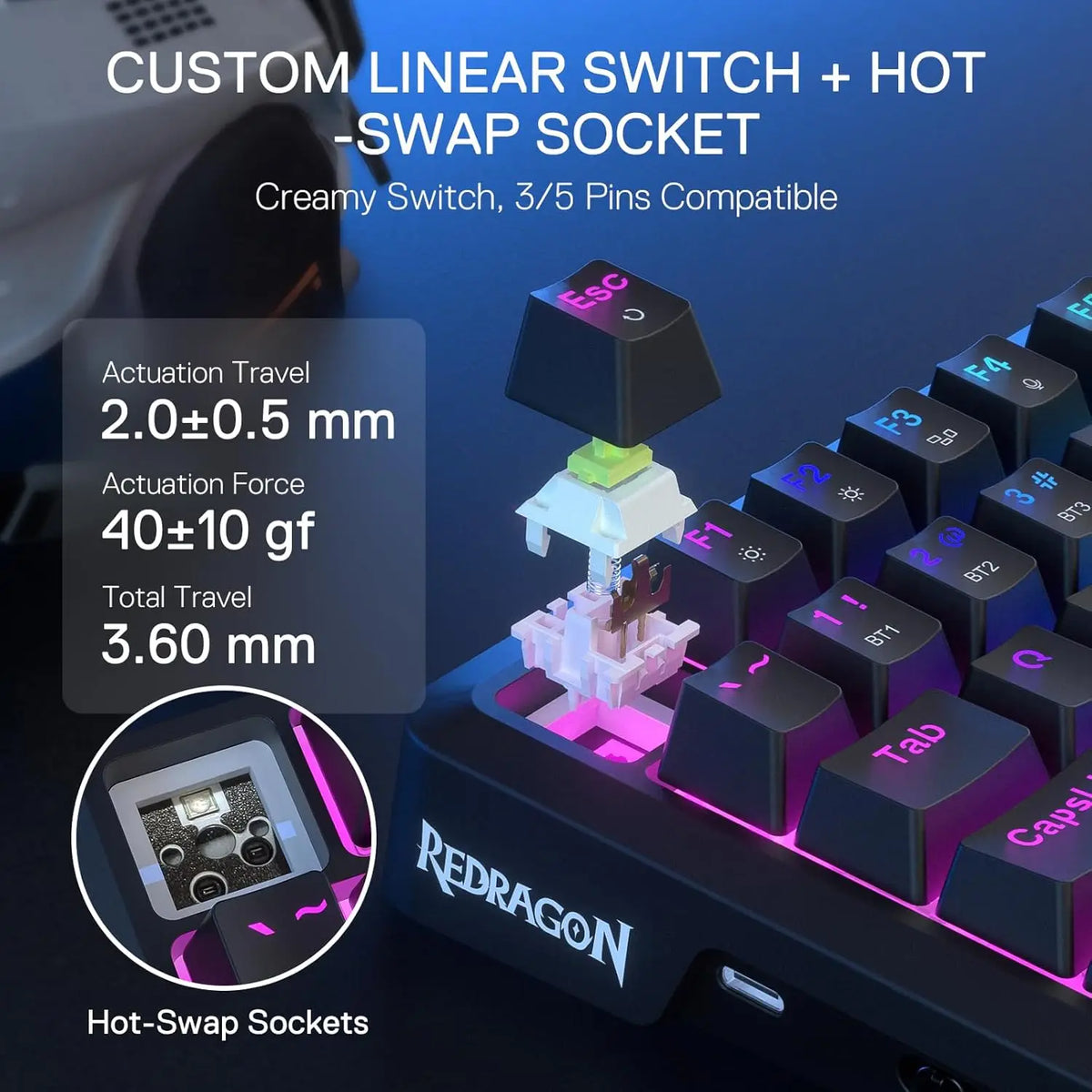 Redragon K724 PRO Wireless Gasket Gaming Hype Screen & Knob, 81-Key Mechanical Keyboard,Easy-Control 1.14inch TFT Info Display