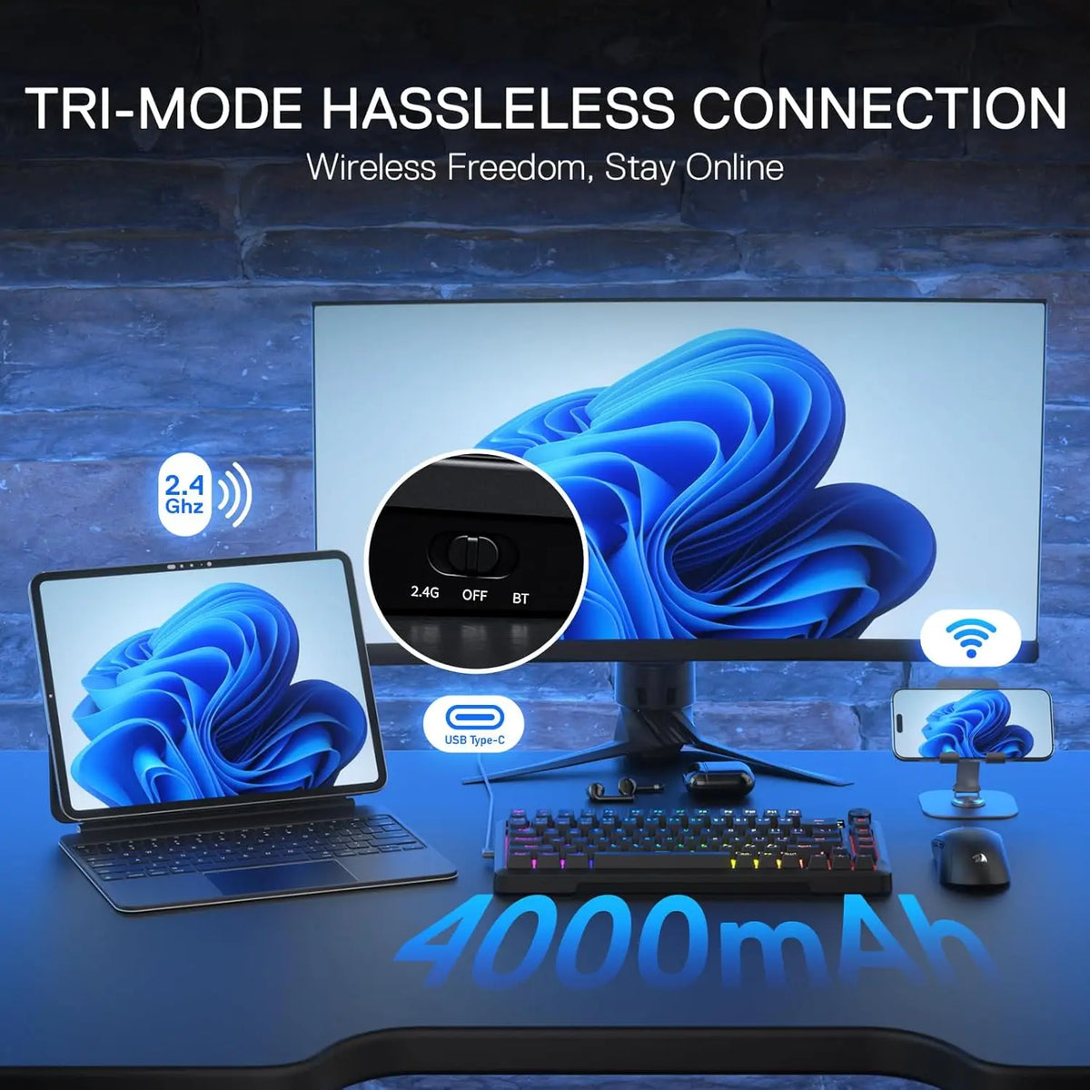 Redragon K724 PRO Wireless Gasket Gaming Hype Screen & Knob, 81-Key Mechanical Keyboard,Easy-Control 1.14inch TFT Info Display