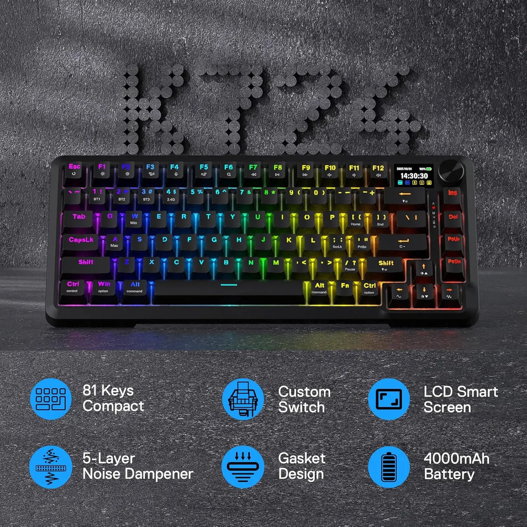Redragon K724 PRO Wireless Gasket Gaming Hype Screen & Knob, 81-Key Mechanical Keyboard,Easy-Control 1.14inch TFT Info Display