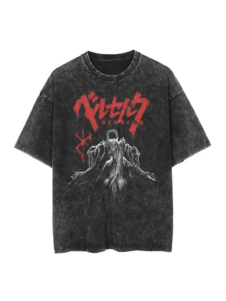 Berserk Animation Derivatives Guts Printing Retro Washed Short-sleeved T-shirt Men's and Women's 2025 Summer Fashion Clothing