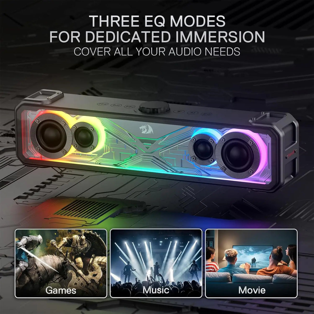 Redragon GS817 RGB 2.0 Channel Stereo Speakers Touch-Control Bluetooth 5.3 & 3.5mm AUX Inputs Desktop Soundbar, Black