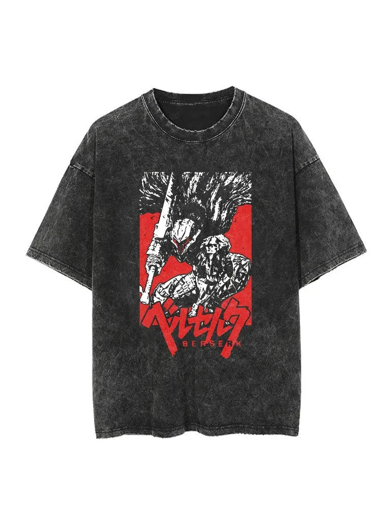 Berserk Animation Derivatives Guts Printing Retro Washed Short-sleeved T-shirt Men's and Women's 2025 Summer Fashion Clothing