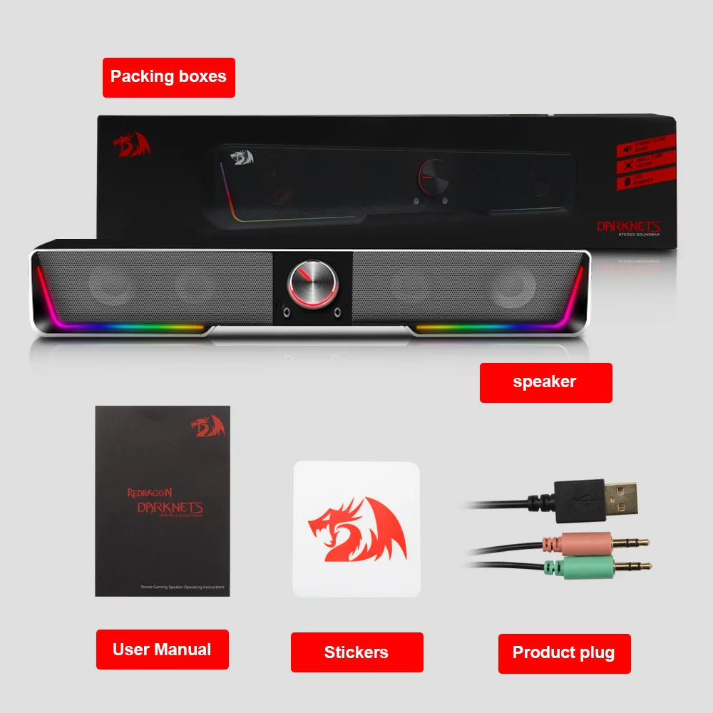 REDRAGON GS570 Darknets Bluetooth Wireless aux 3.5 surround RGB speakers column sound bar for computer PC Laptop loudspeakers
