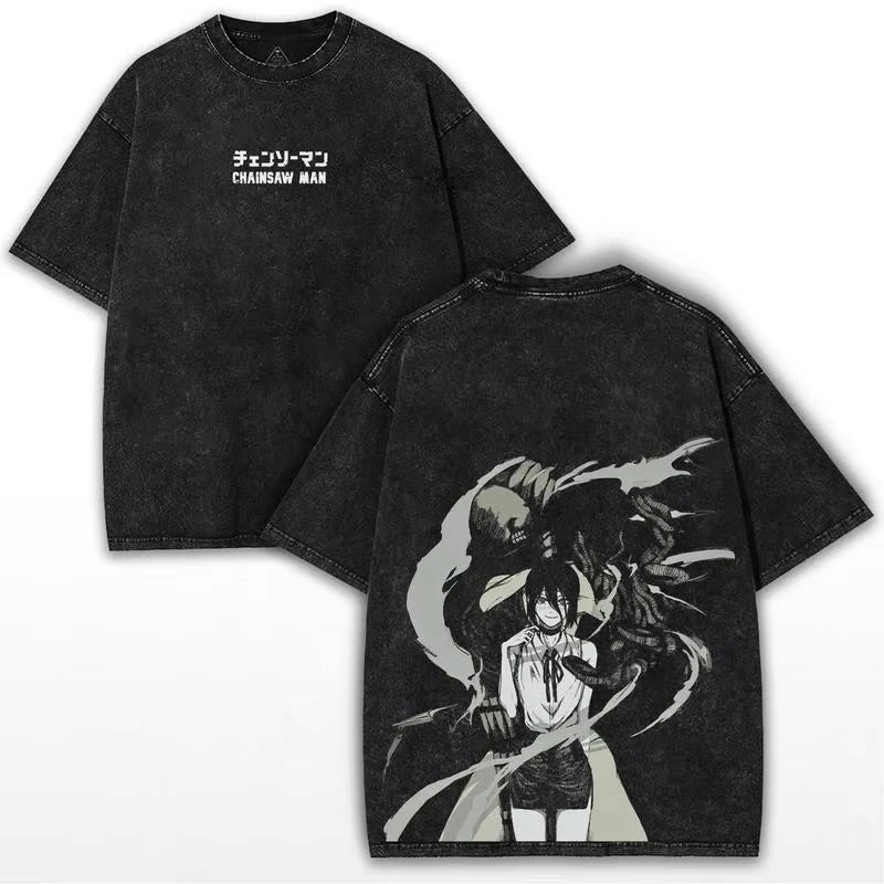 Manga Reze Graphic Printed T-shirt Chainsaw Man Anime Cool Washed Oversized T Shirt Men Women Clothing Cotton Short Sleeve Tees