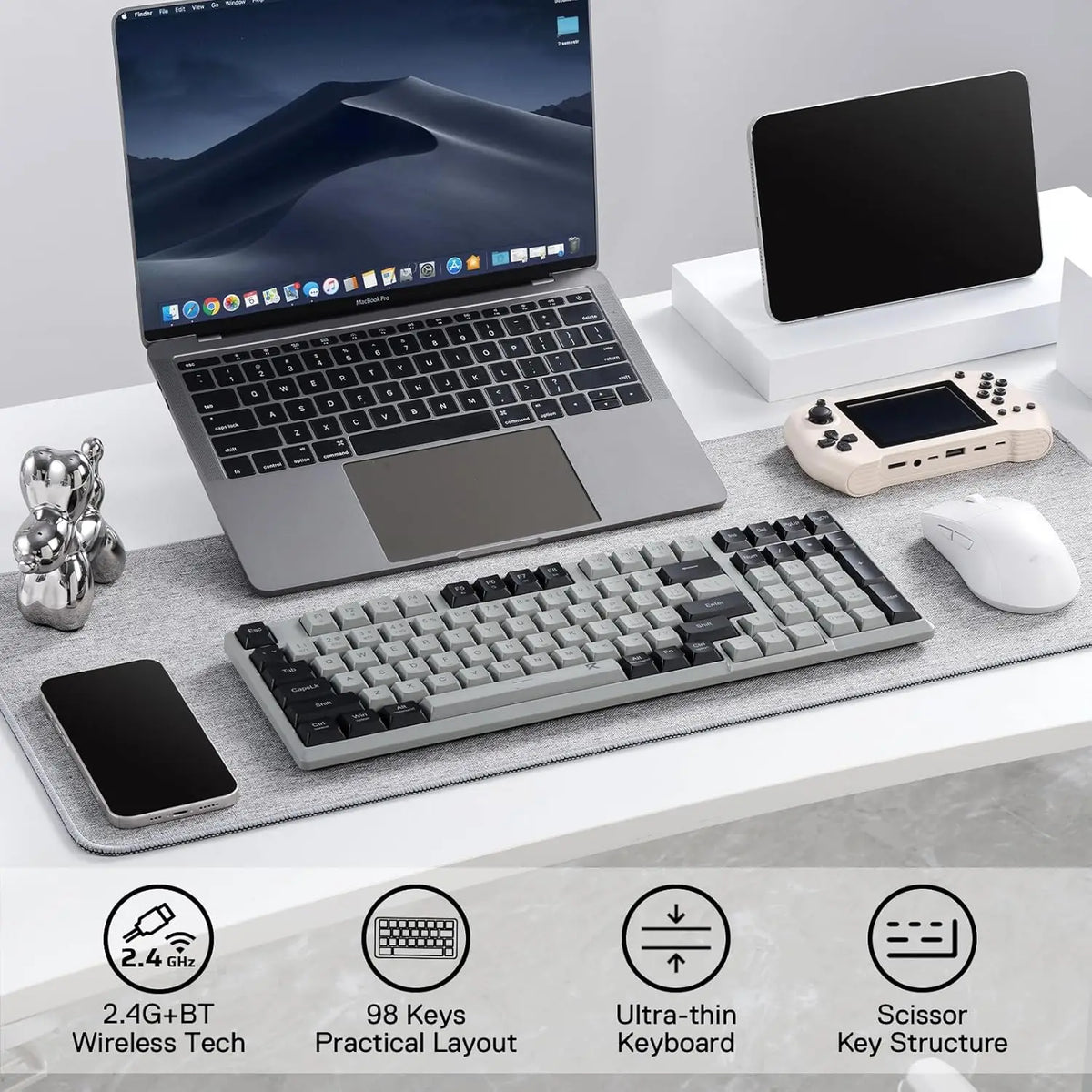 Redragon BK7114 Low-Profile 2.4G BT Wireless Computer 98 Keys Slim Office PC Scissors Mechanism Tactile Quiet Keystroke Keyboard