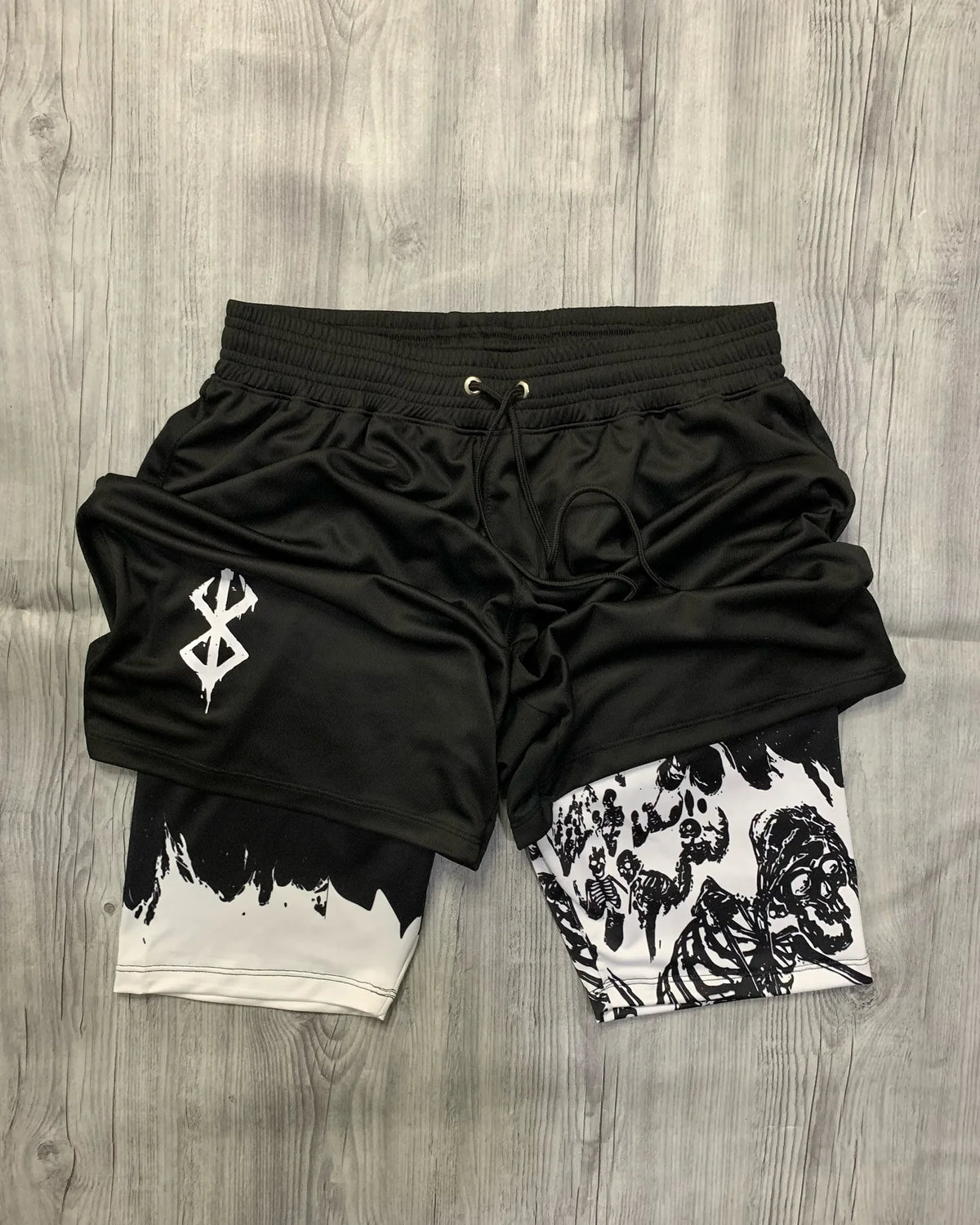 Berserk Brand of Sacrifice 2 in 1 Gym Shorts for Men, Quick Dry Shorts Anime Skeleton Print Double Layer Running Fitness Shorts