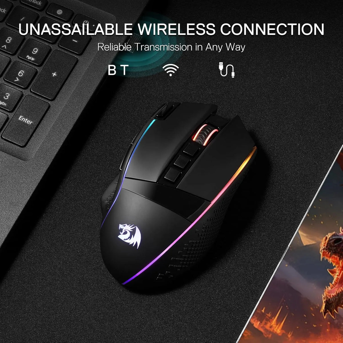 Redragon M991 Wireless Gaming Mouse 26000 DPI 3-Mode Gamer 9 Macro Buttons RGB Backlight Mice, Black