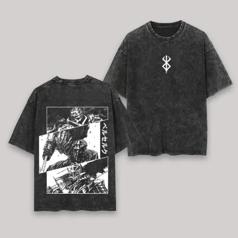 Berserk Animation Derivatives Guts Printing Retro Washed Short-sleeved T-shirt Men's and Women's 2025 Summer Fashion Clothing