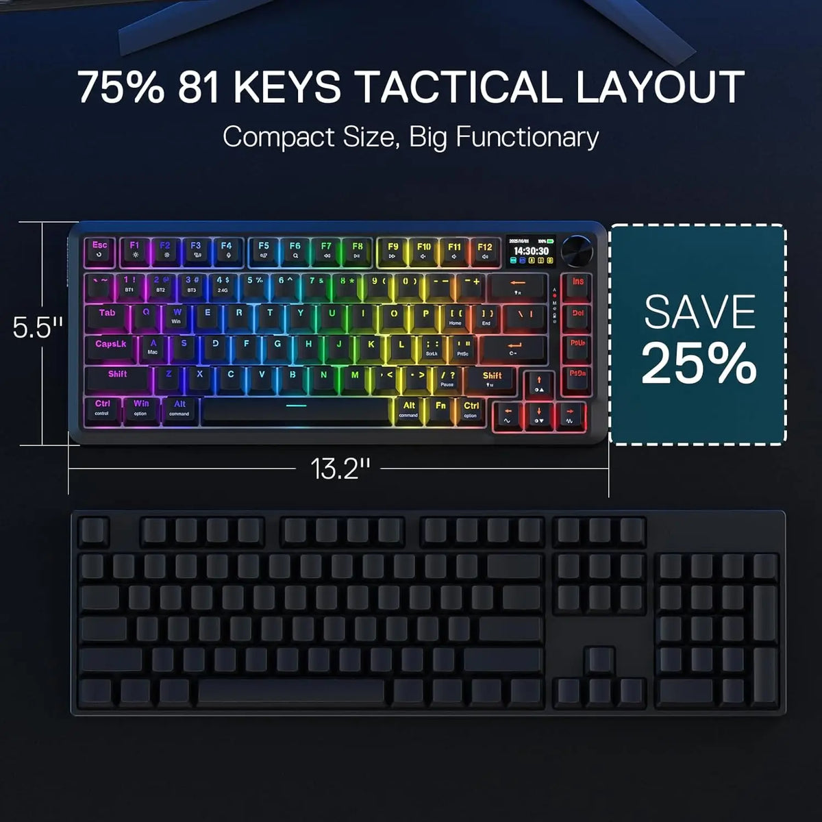Redragon K724 PRO Wireless Gasket Gaming Hype Screen & Knob, 81-Key Mechanical Keyboard,Easy-Control 1.14inch TFT Info Display
