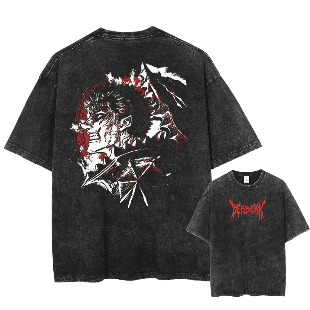 Berserk Vintage Anime T-shirt Guts Printed T Shirt Men Women High Quality Washed Cotton Tshirts Harajuku Male Oversized Tee