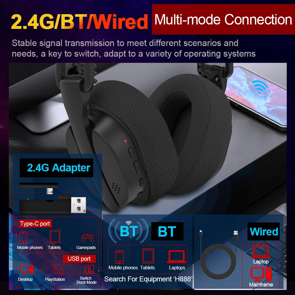REDRAGON LUCE H888 USB 2.4G Wireless Support Bluetooth Wired Gaming Headphone Computer PC laptop headset Earphones Microphone