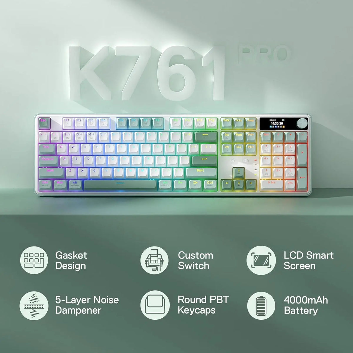 Redragon K761 Wireless Gasket Mechanical Gaming Keyboard 104 Keys RGB Keyboard with TFT Screen and Control Knob