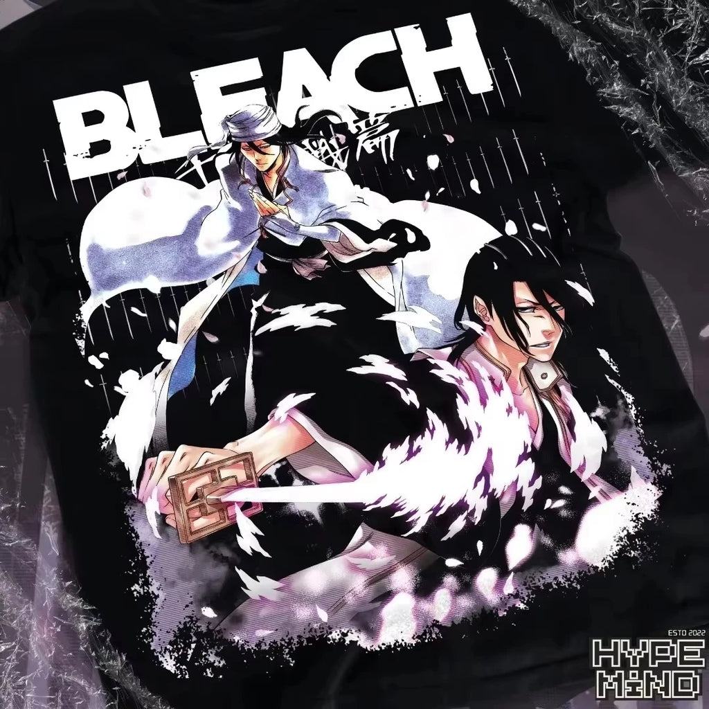 BLEACH Single Sided T-shirt Byakuya & Hitsugaya Dual Character Sakura Anime Print Oversized Cotton Tee For Bleach Shonen Fans
