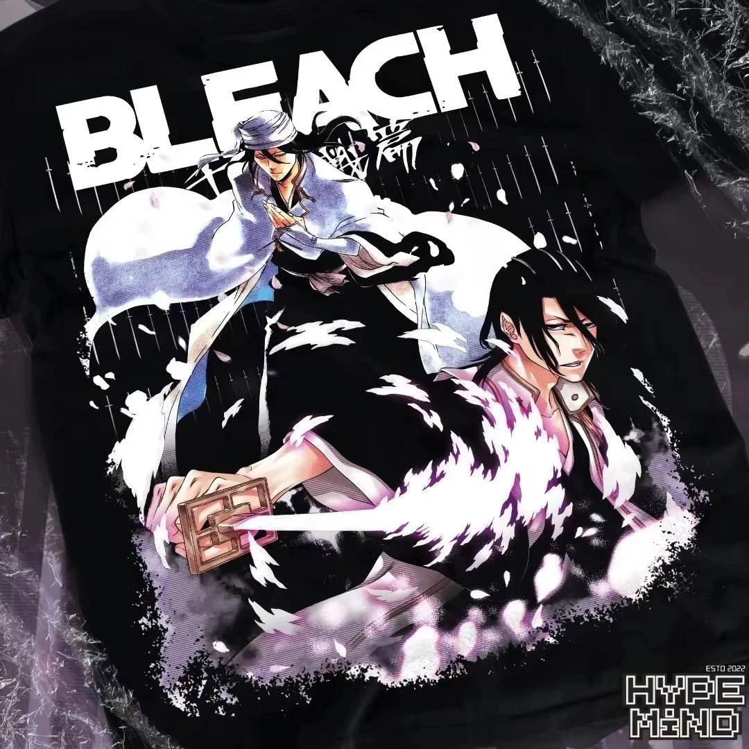 BLEACH Single Sided T-shirt Byakuya & Hitsugaya Dual Character Sakura Anime Print Oversized Cotton Tee For Bleach Shonen Fans