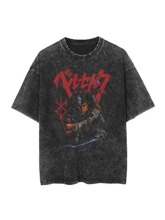 Berserk Animation Derivatives Guts Printing Retro Washed Short-sleeved T-shirt Men's and Women's 2025 Summer Fashion Clothing